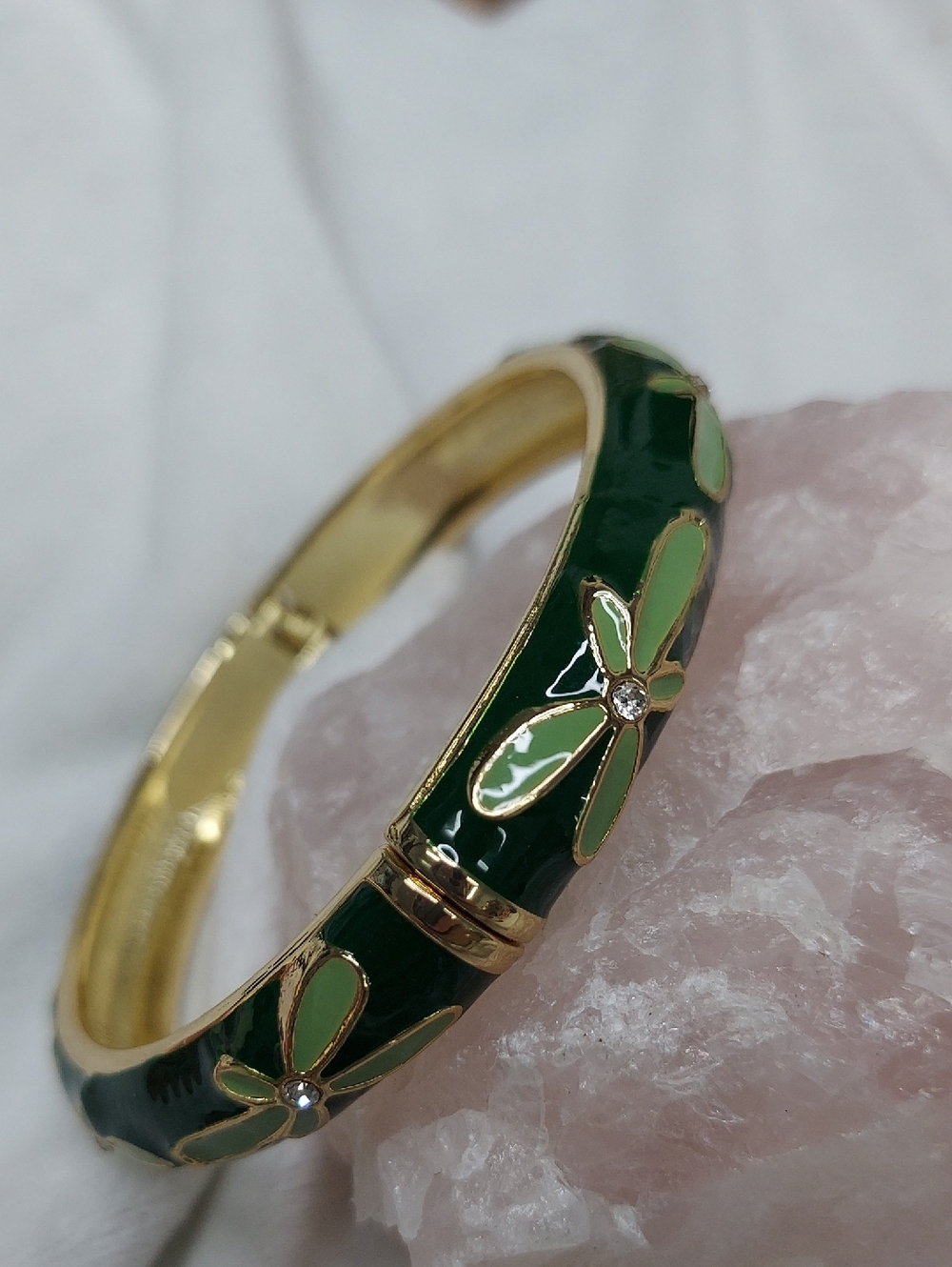 Gold-Tone Green Floral Enamel Hinged Bangle Bracelet